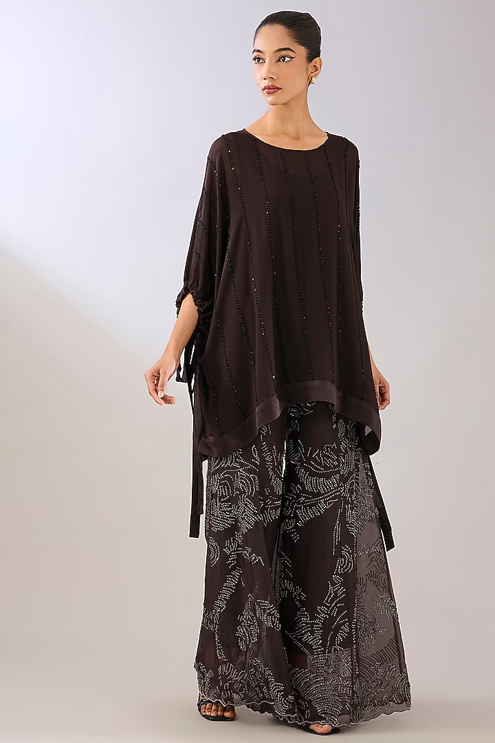 Brown & Black Silk Georgette Embroidered Top by Peachoo at Pernia's Pop Up Shop