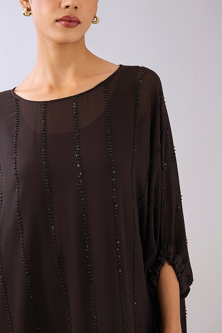 Brown & Black Silk Georgette Embroidered Top by Peachoo at Pernia's Pop Up Shop
