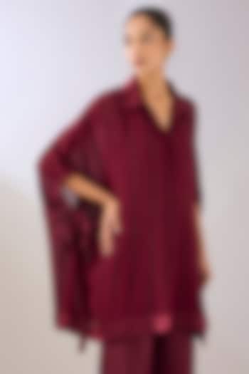 Ruby & Black Silk Organza Beads Embroidered Tunic by Peachoo at Pernia's Pop Up Shop