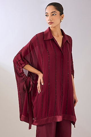 Ruby & Black Silk Organza Beads Embroidered Tunic by Peachoo