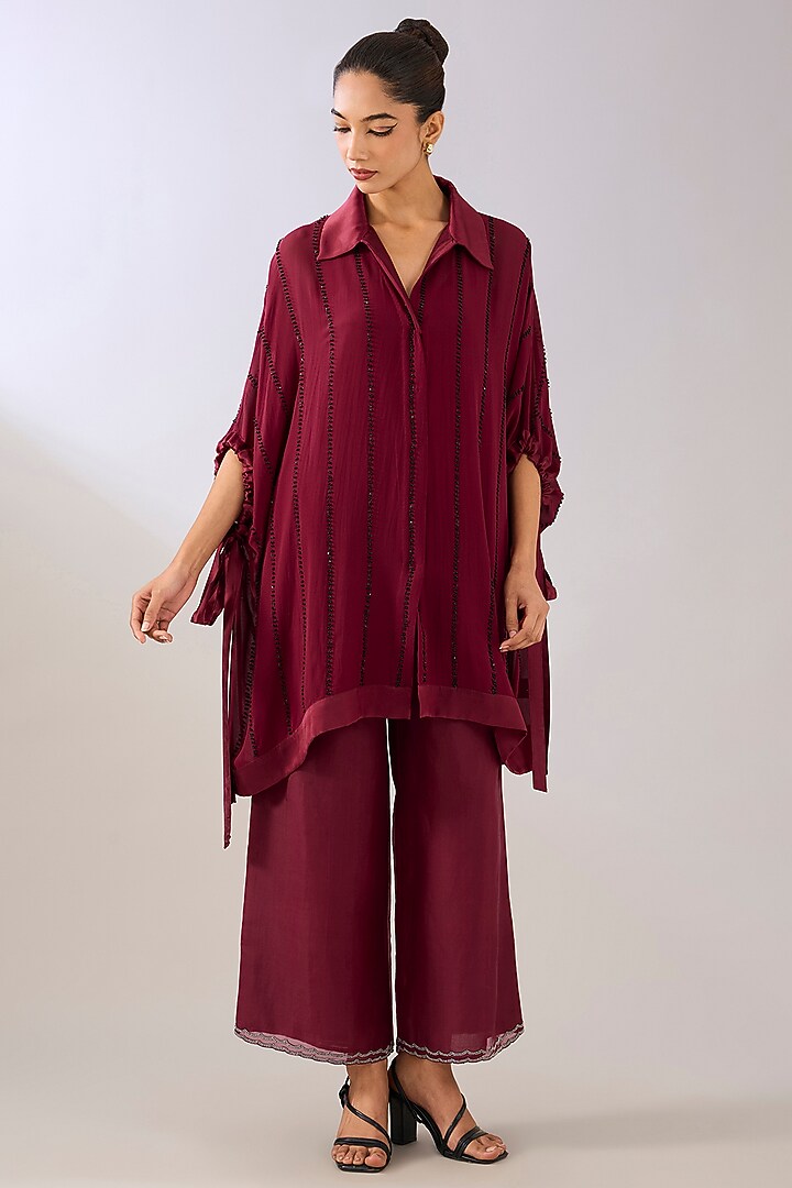 Ruby & Black Silk Organza Beads Embroidered Tunic by Peachoo at Pernia's Pop Up Shop
