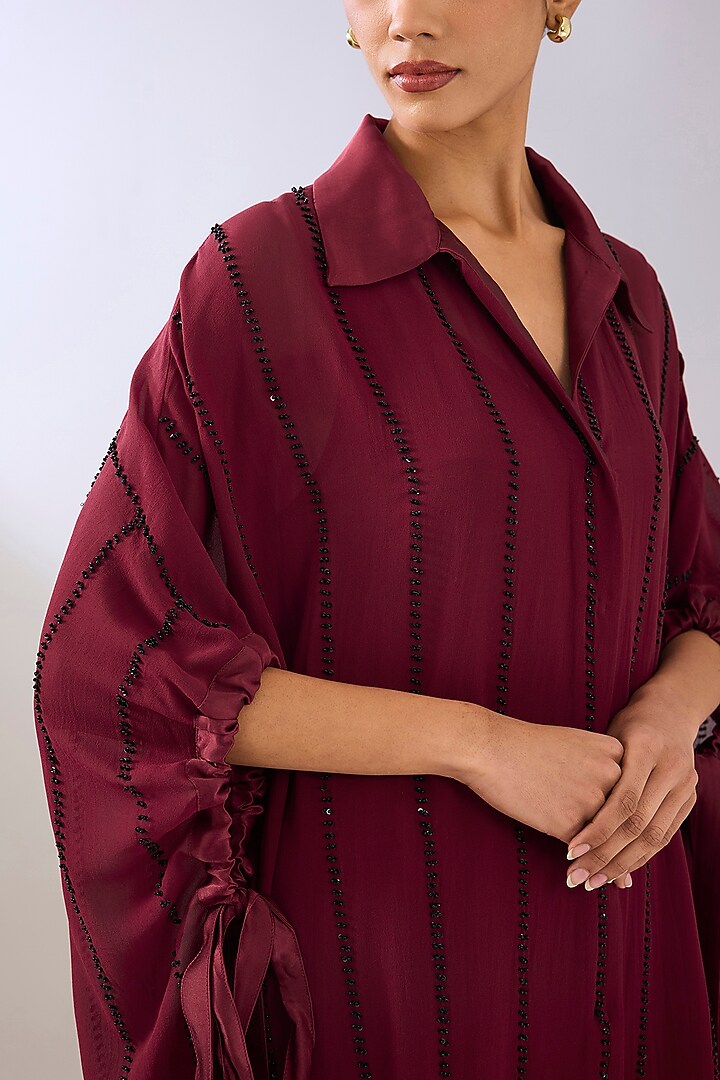 Ruby & Black Silk Organza Beads Embroidered Tunic by Peachoo at Pernia's Pop Up Shop