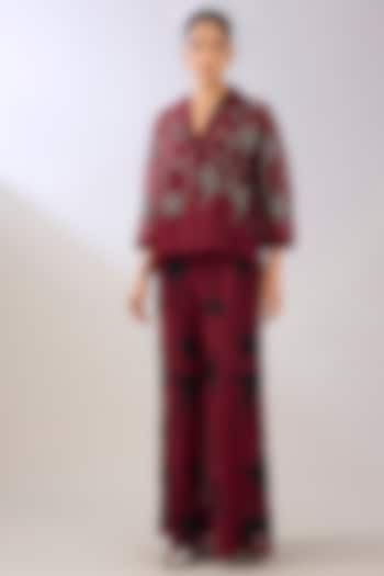 Ruby & Black Silk Georgette Thread Embroidered Palazzo Pants by Peachoo at Pernia's Pop Up Shop