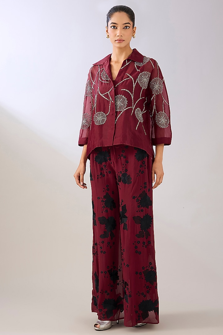 Ruby & Black Silk Georgette Thread Embroidered Palazzo Pants by Peachoo at Pernia's Pop Up Shop