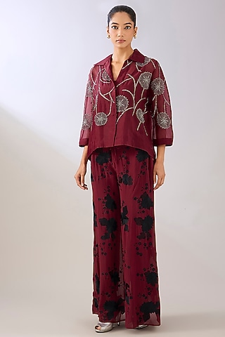 Ruby & Black Silk Georgette Thread Embroidered Palazzo Pants by Peachoo