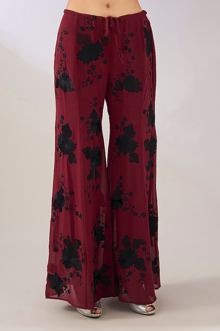Ruby & Black Silk Georgette Thread Embroidered Palazzo Pants by Peachoo at Pernia's Pop Up Shop