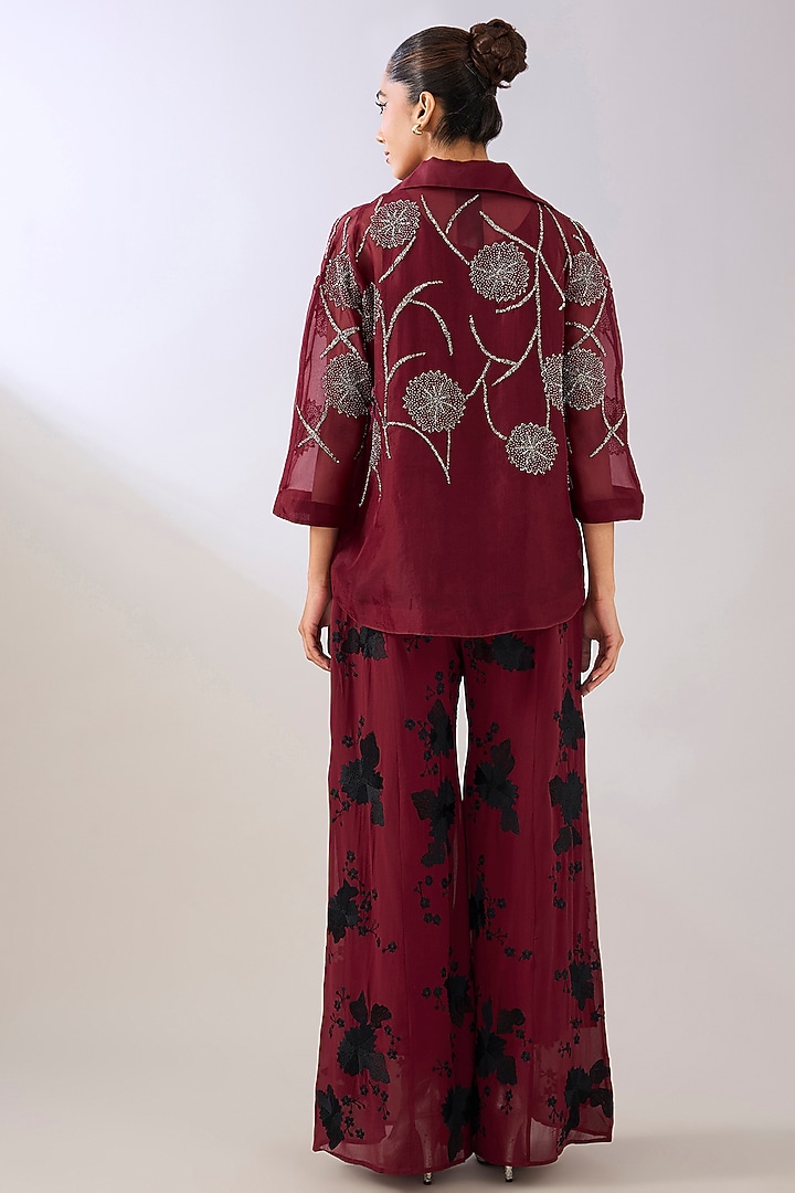 Ruby & Black Silk Georgette Thread Embroidered Palazzo Pants by Peachoo at Pernia's Pop Up Shop