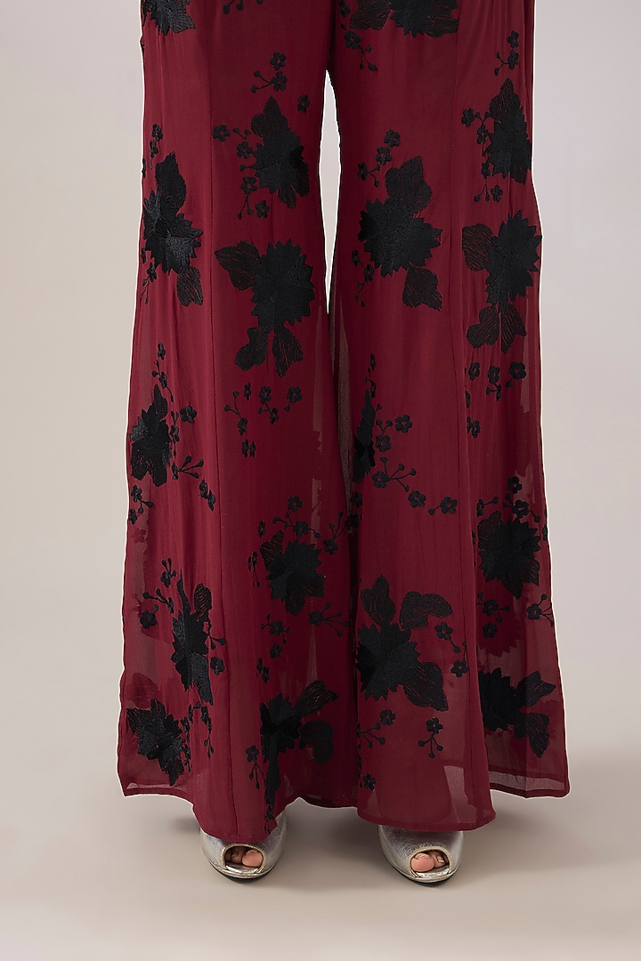 Ruby & Black Silk Georgette Thread Embroidered Palazzo Pants by Peachoo at Pernia's Pop Up Shop