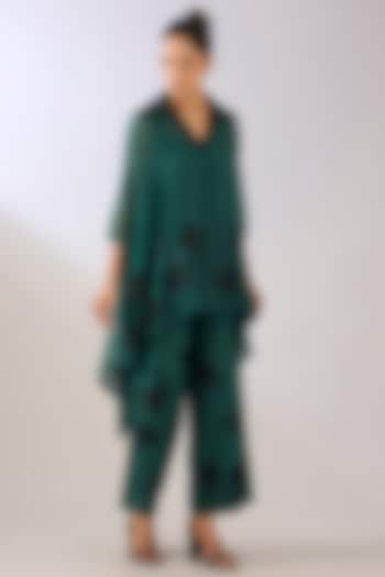 Emerald Green & Black Silk Organza Thread Embroidered Pants by Peachoo at Pernia's Pop Up Shop