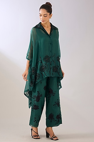 Emerald Green & Black Silk Organza Thread Embroidered Pants by Peachoo