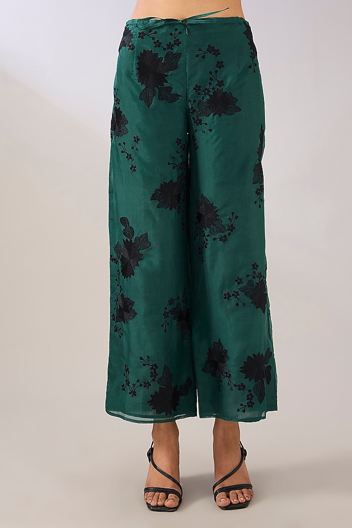 Emerald Green & Black Silk Organza Thread Embroidered Pants by Peachoo at Pernia's Pop Up Shop