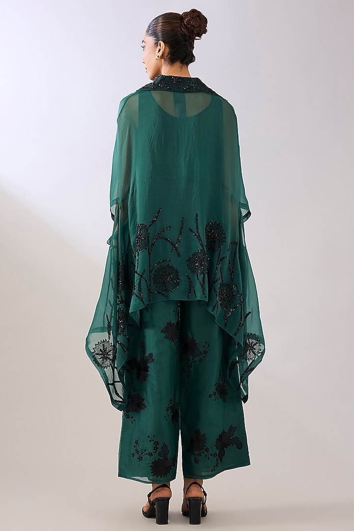 Emerald Green & Black Silk Organza Thread Embroidered Pants by Peachoo at Pernia's Pop Up Shop