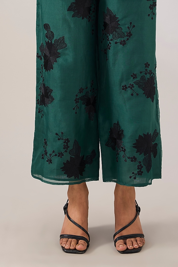 Emerald Green & Black Silk Organza Thread Embroidered Pants by Peachoo at Pernia's Pop Up Shop