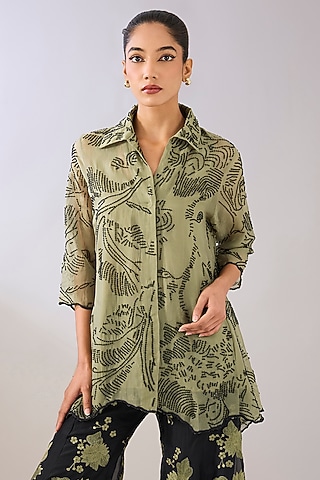Jade & Black Silk Organza Thread Embroidered Jacket by Peachoo