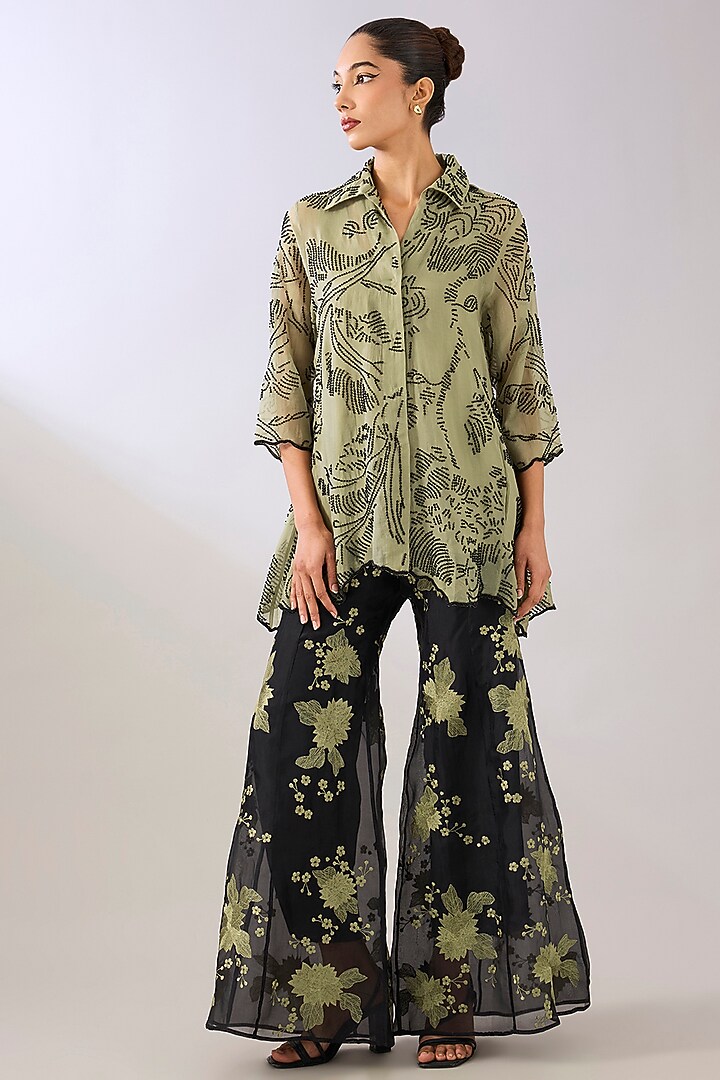 Jade & Black Silk Organza Thread Embroidered Jacket by Peachoo at Pernia's Pop Up Shop