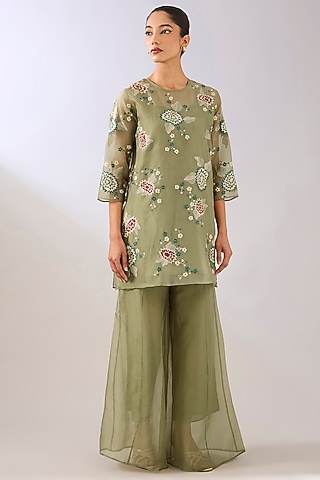 open lace back dress Beautiful Soft Sequence Party Wear Long Stylish Gown with Front Slit with Palazzo Pant. Fits Size 38, 40, 42 main image 0