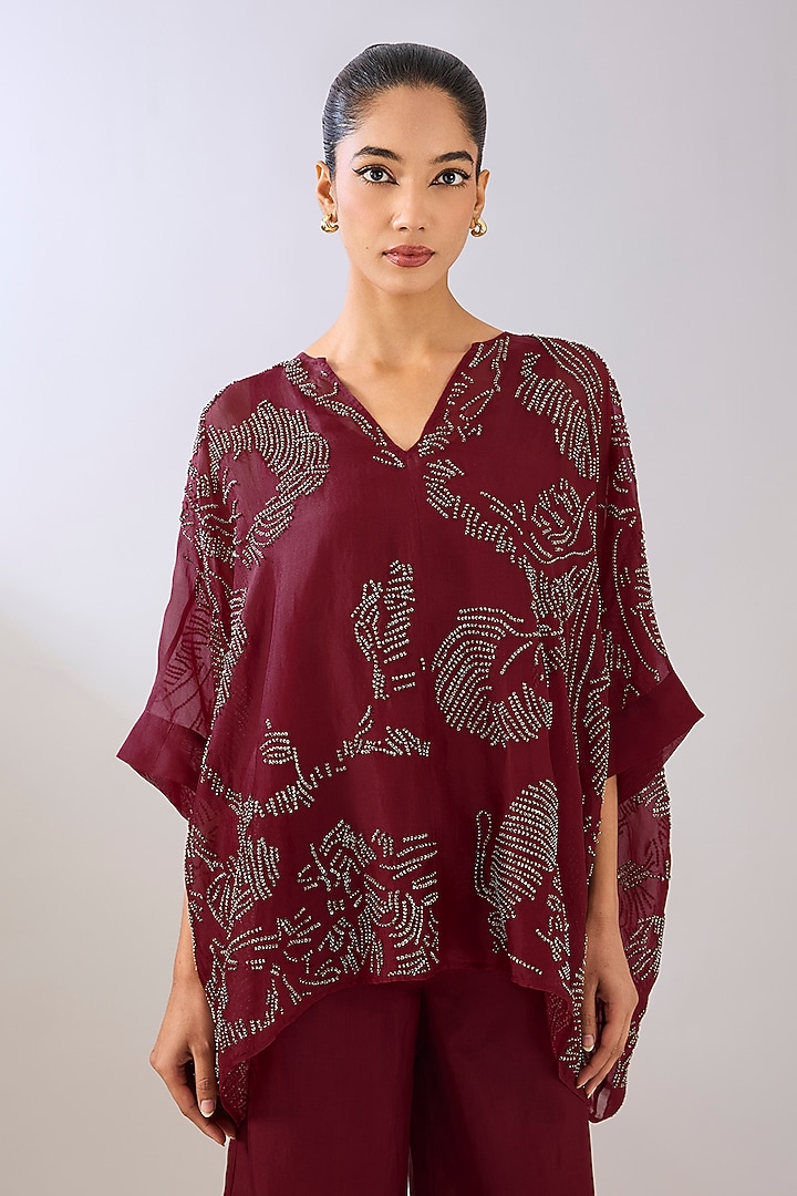 Ruby Red Silk Organza Beads Embroidered Top by Peachoo at Pernia's Pop Up Shop