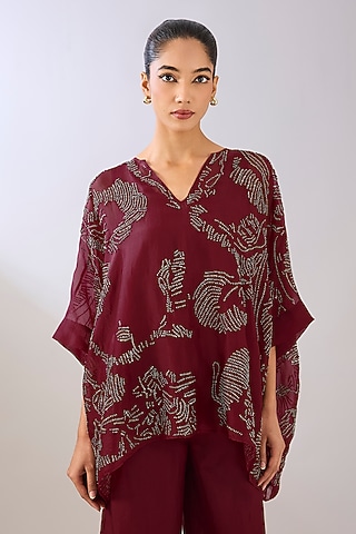 Ruby Red Silk Organza Beads Embroidered Top by Peachoo