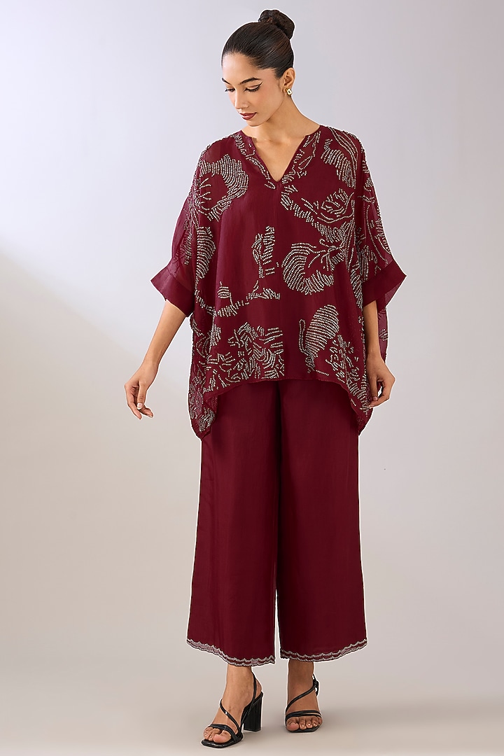 Ruby Red Silk Organza Beads Embroidered Top by Peachoo at Pernia's Pop Up Shop