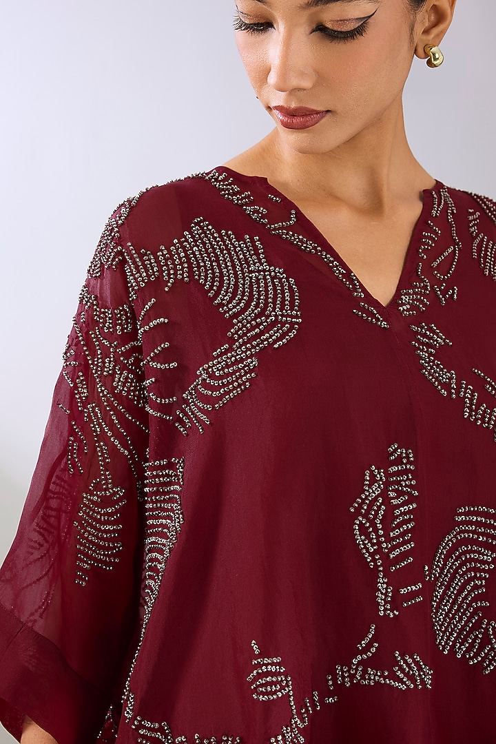 Ruby Red Silk Organza Beads Embroidered Top by Peachoo at Pernia's Pop Up Shop