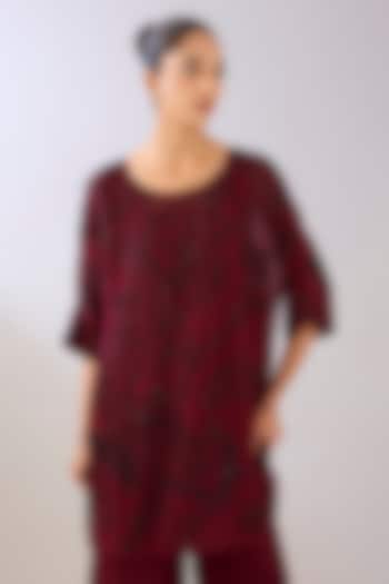 Ruby Red Silk Organza Beads Embroidered Tunic by Peachoo at Pernia's Pop Up Shop