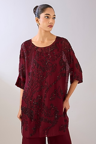 Ruby Red Silk Organza Beads Embroidered Tunic by Peachoo