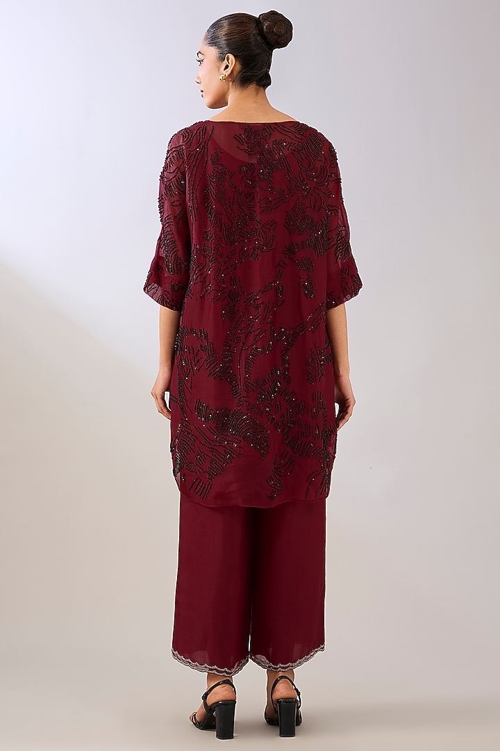 Ruby Red Silk Organza Beads Embroidered Tunic by Peachoo at Pernia's Pop Up Shop