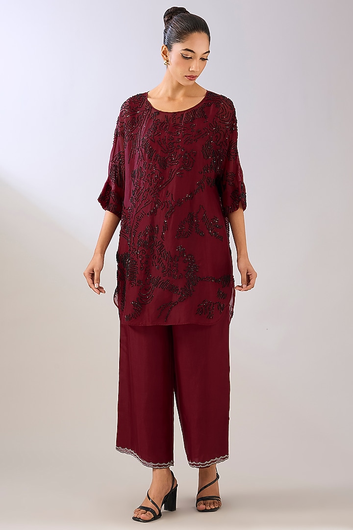 Ruby Red Silk Organza Beads Embroidered Tunic by Peachoo at Pernia's Pop Up Shop