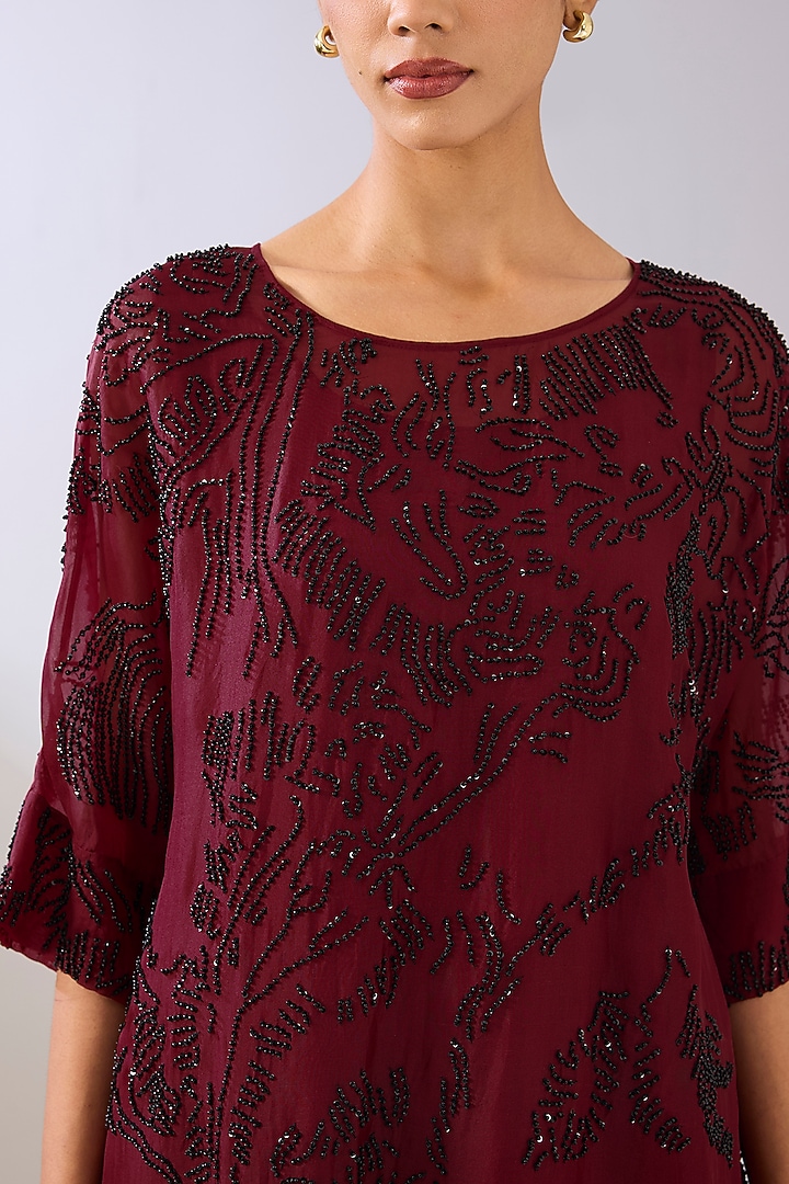 Ruby Red Silk Organza Beads Embroidered Tunic by Peachoo at Pernia's Pop Up Shop