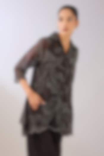 Brown Silk Organza Beads Embroidered Jacket by Peachoo at Pernia's Pop Up Shop