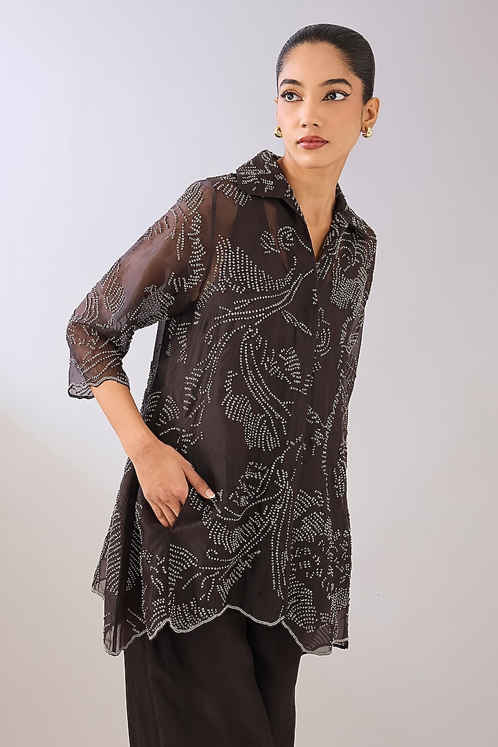 Brown Silk Organza Beads Embroidered Jacket by Peachoo at Pernia's Pop Up Shop