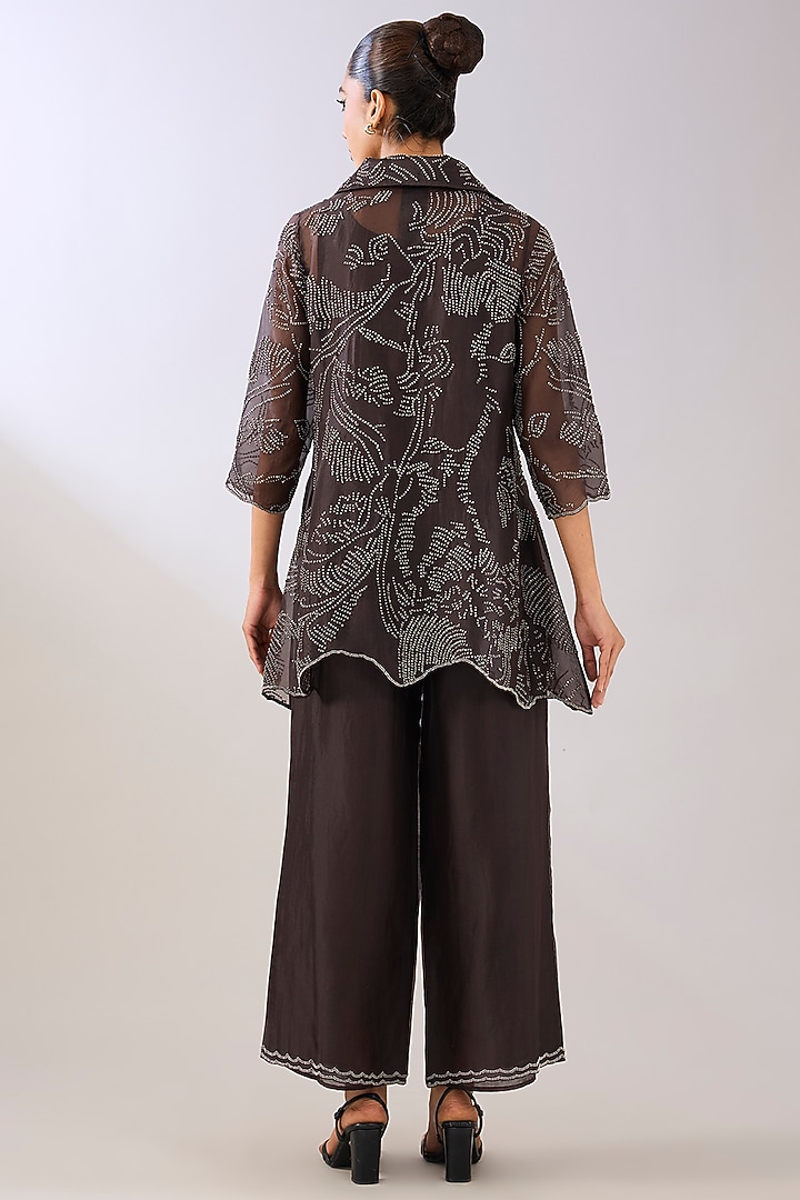 Brown Silk Organza Beads Embroidered Jacket by Peachoo at Pernia's Pop Up Shop