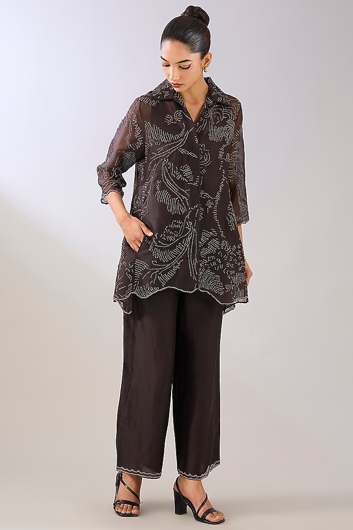 Brown Silk Organza Beads Embroidered Jacket by Peachoo at Pernia's Pop Up Shop