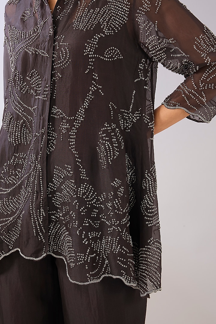 Brown Silk Organza Beads Embroidered Jacket by Peachoo at Pernia's Pop Up Shop