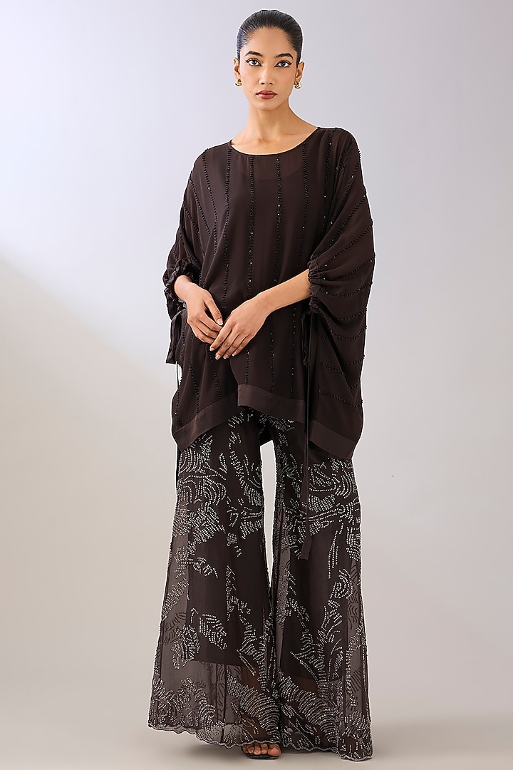Brown Silk Organza Beads Embroidered Palazzo Pant by Peachoo at Pernia's Pop Up Shop