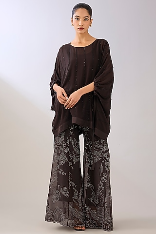 Brown Silk Organza Beads Embroidered Palazzo Pant by Peachoo