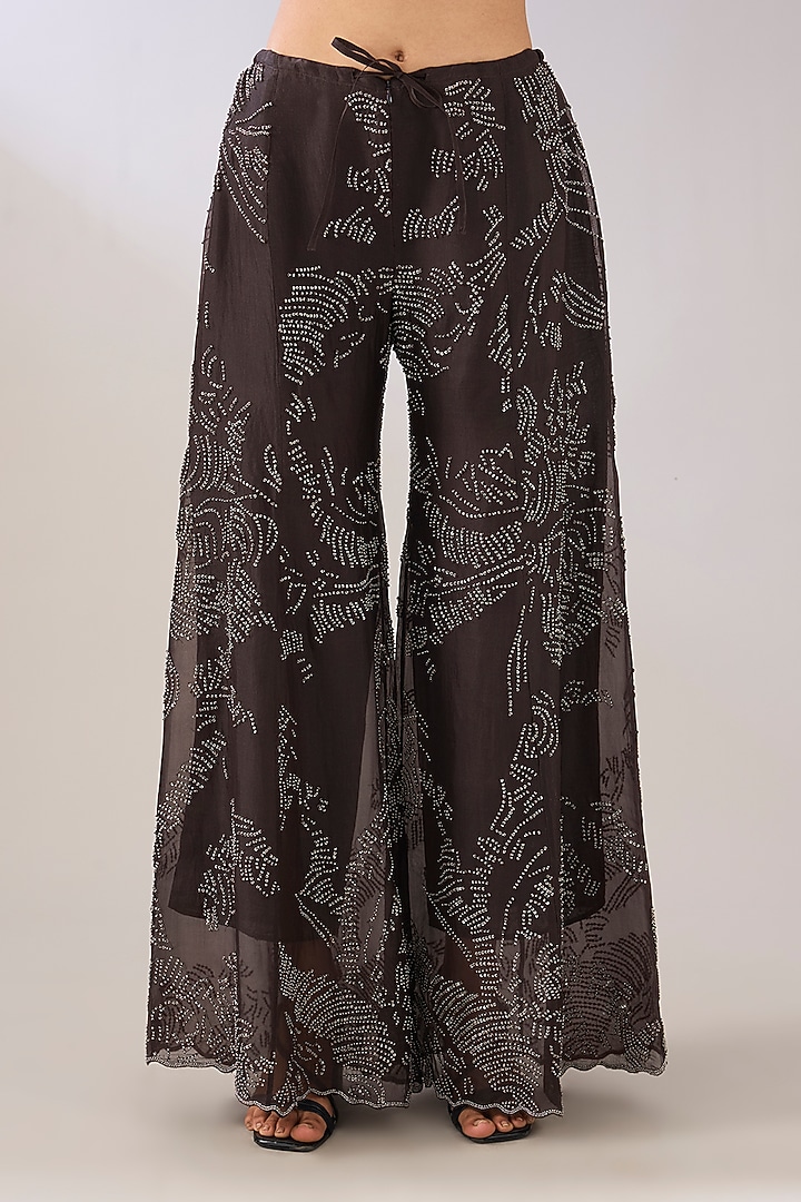 Brown Silk Organza Beads Embroidered Palazzo Pant by Peachoo at Pernia's Pop Up Shop