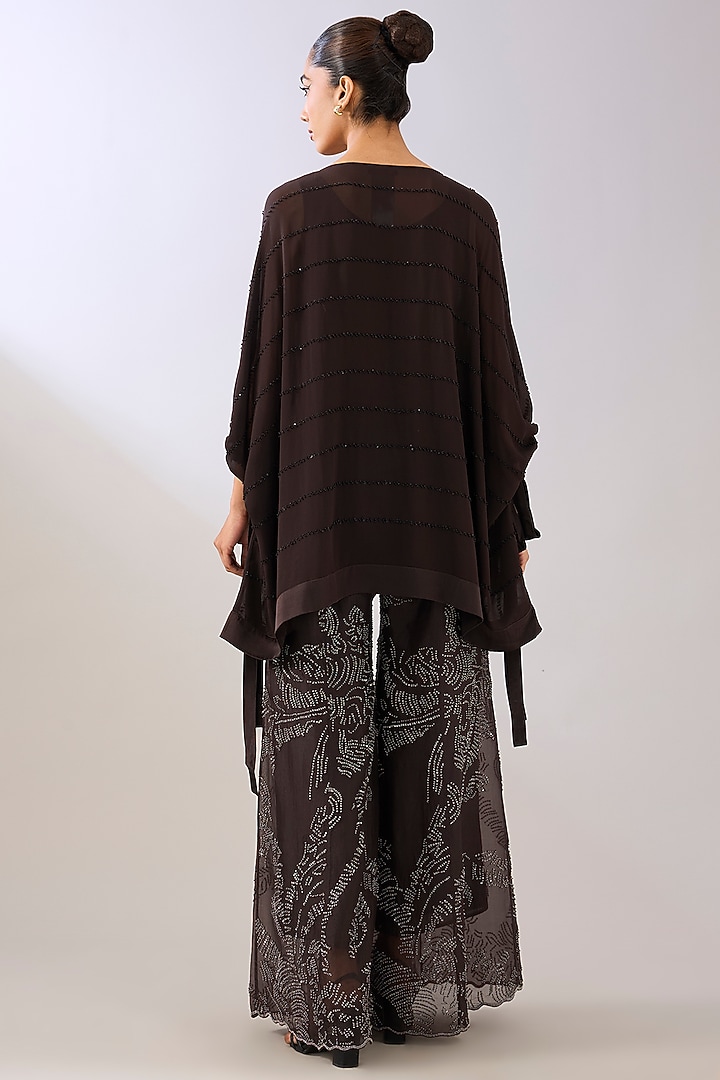 Brown Silk Organza Beads Embroidered Palazzo Pant by Peachoo at Pernia's Pop Up Shop