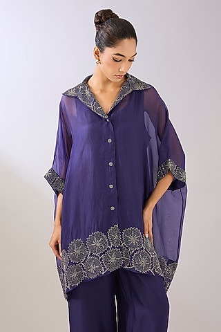 Purple Silk Organza Beads Embroidered Top by Peachoo