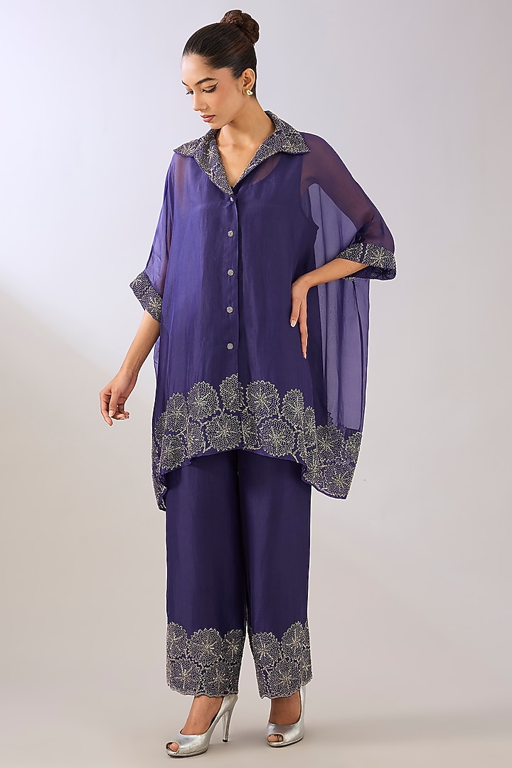 Purple Silk Organza Beads Embroidered Top by Peachoo at Pernia's Pop Up Shop