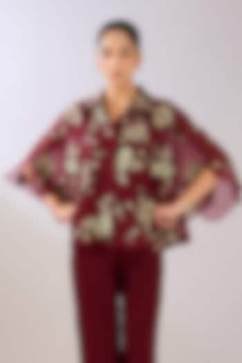 Ruby Red Silk Organza Thread Embroidered Cape by Peachoo at Pernia's Pop Up Shop