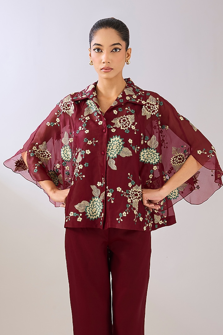 Ruby Red Silk Organza Thread Embroidered Cape by Peachoo at Pernia's Pop Up Shop