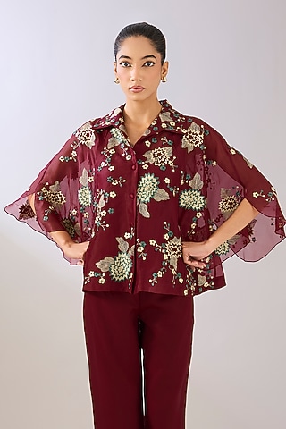 Ruby Red Silk Organza Thread Embroidered Cape by Peachoo