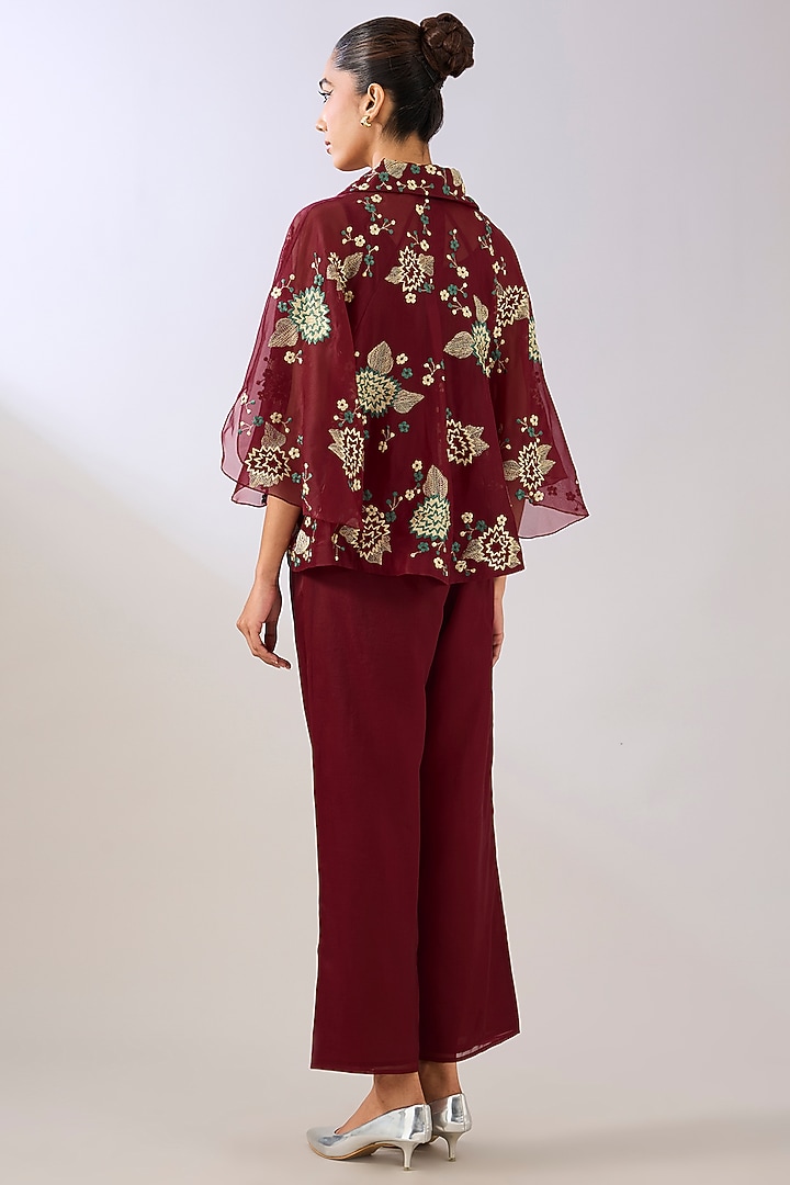 Ruby Red Silk Organza Thread Embroidered Cape by Peachoo at Pernia's Pop Up Shop