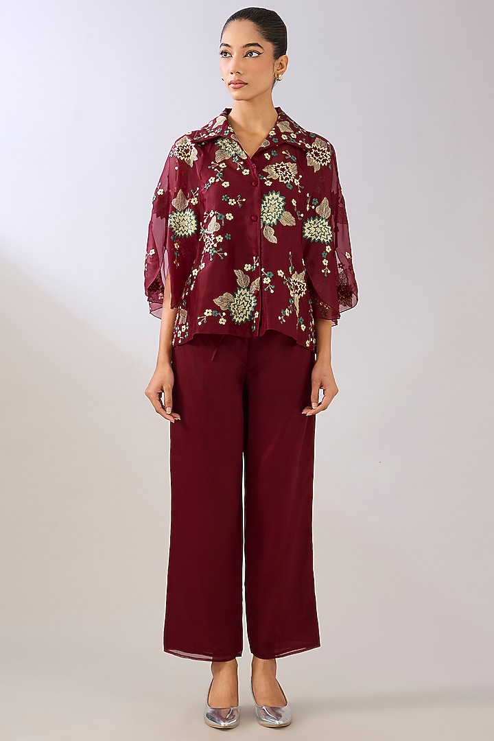 Ruby Red Silk Organza Thread Embroidered Cape by Peachoo at Pernia's Pop Up Shop