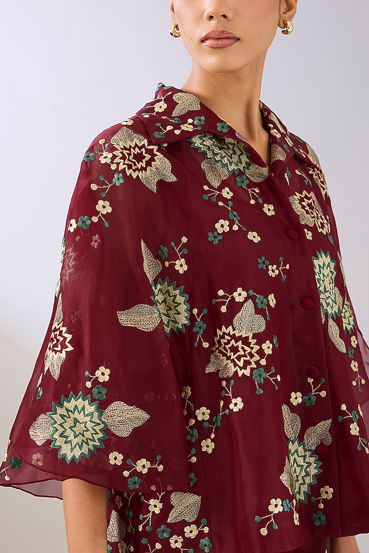 Ruby Red Silk Organza Thread Embroidered Cape by Peachoo at Pernia's Pop Up Shop