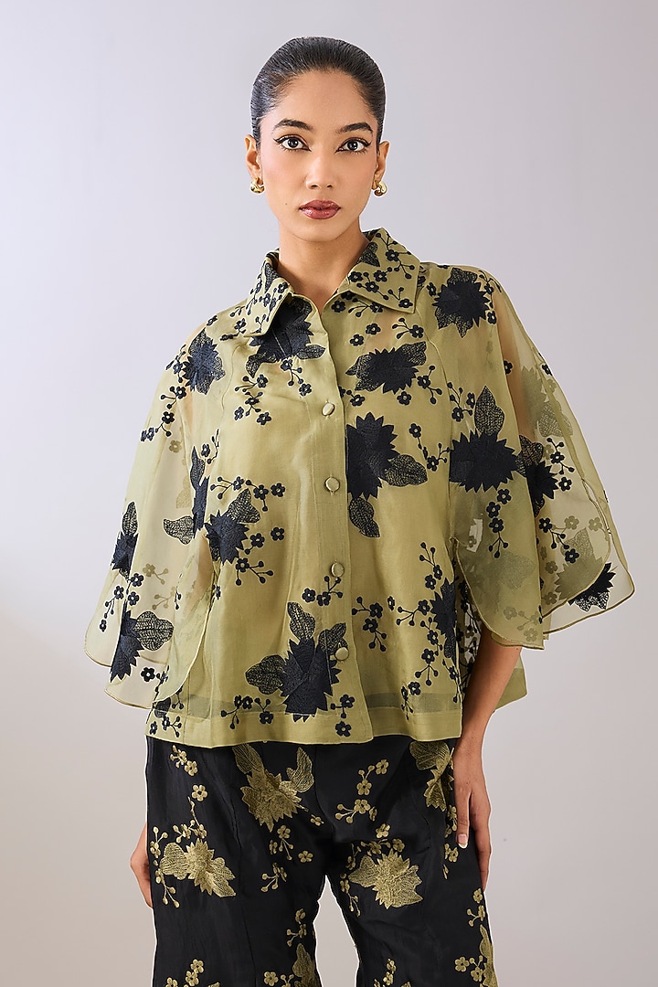 Jade Green & Black Silk Organza Thread Embroidered Cape by Peachoo at Pernia's Pop Up Shop