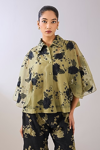 Jade Green & Black Silk Organza Thread Embroidered Cape by Peachoo