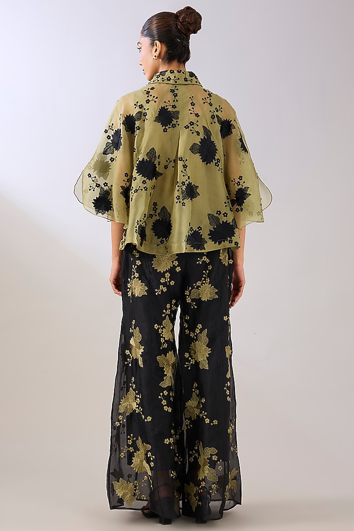 Jade Green & Black Silk Organza Thread Embroidered Cape by Peachoo at Pernia's Pop Up Shop