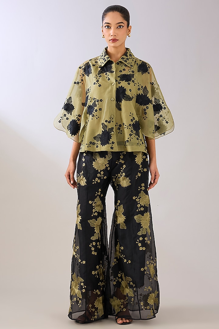 Jade Green & Black Silk Organza Thread Embroidered Cape by Peachoo at Pernia's Pop Up Shop